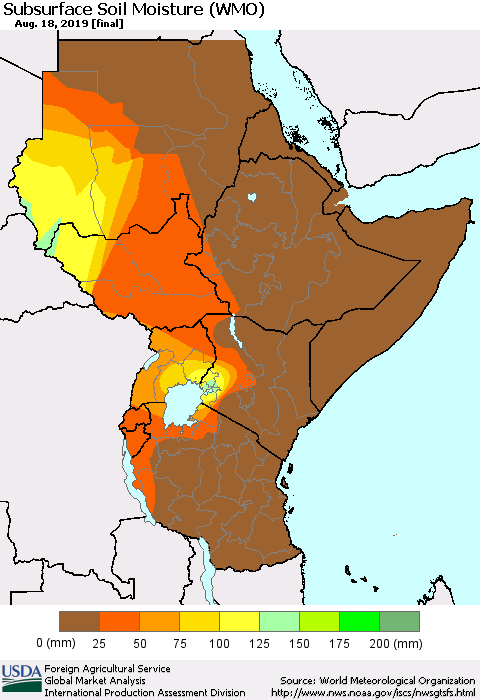 Eastern Africa Subsurface Soil Moisture (WMO) Thematic Map For 8/12/2019 - 8/18/2019