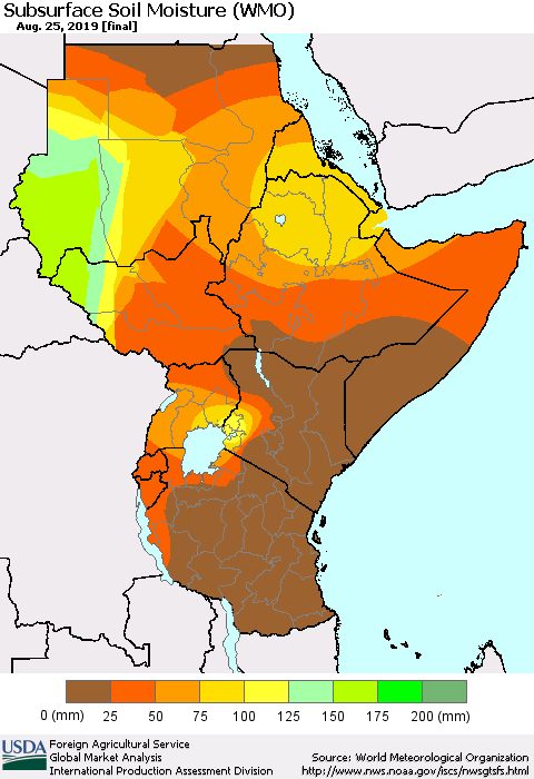 Eastern Africa Subsurface Soil Moisture (WMO) Thematic Map For 8/19/2019 - 8/25/2019