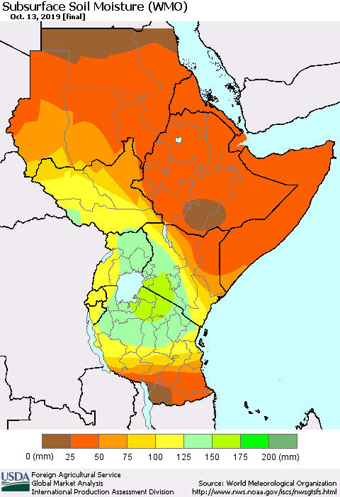 Eastern Africa Subsurface Soil Moisture (WMO) Thematic Map For 10/7/2019 - 10/13/2019