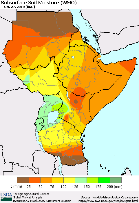 Eastern Africa Subsurface Soil Moisture (WMO) Thematic Map For 10/21/2019 - 10/27/2019
