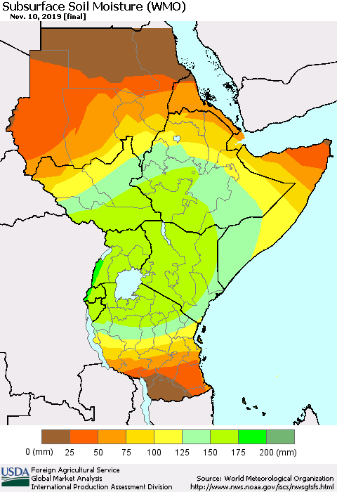 Eastern Africa Subsurface Soil Moisture (WMO) Thematic Map For 11/4/2019 - 11/10/2019