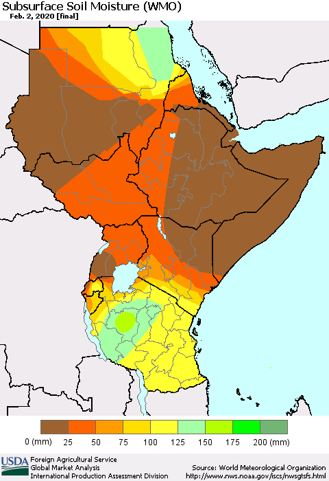 Eastern Africa Subsurface Soil Moisture (WMO) Thematic Map For 1/27/2020 - 2/2/2020