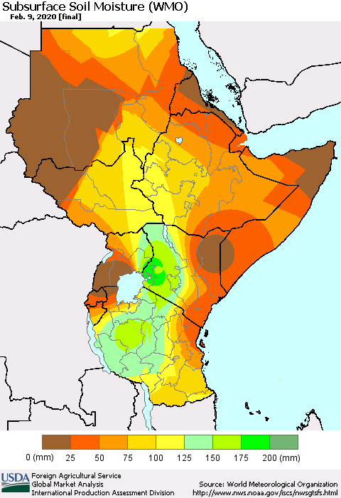 Eastern Africa Subsurface Soil Moisture (WMO) Thematic Map For 2/3/2020 - 2/9/2020