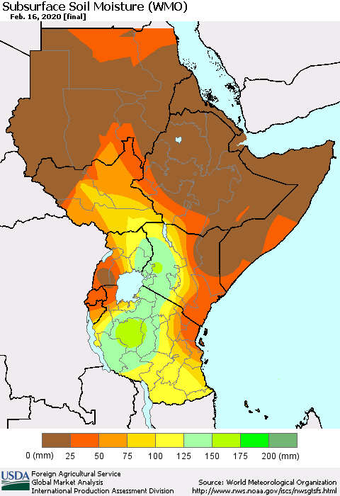 Eastern Africa Subsurface Soil Moisture (WMO) Thematic Map For 2/10/2020 - 2/16/2020