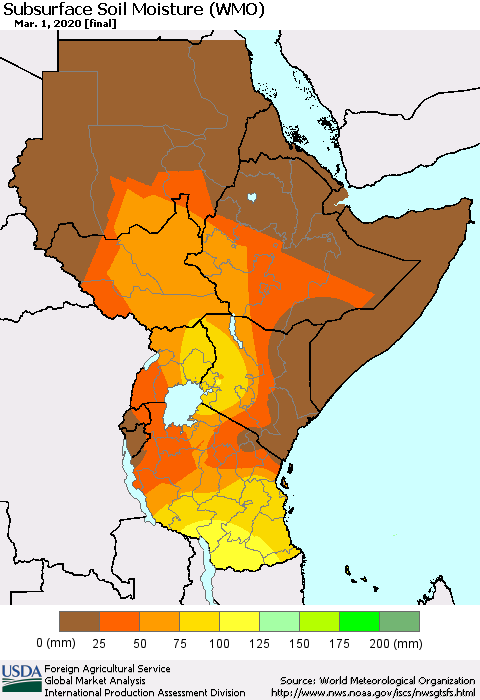 Eastern Africa Subsurface Soil Moisture (WMO) Thematic Map For 2/24/2020 - 3/1/2020