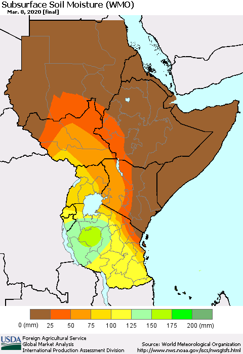 Eastern Africa Subsurface Soil Moisture (WMO) Thematic Map For 3/2/2020 - 3/8/2020