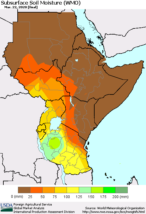 Eastern Africa Subsurface Soil Moisture (WMO) Thematic Map For 3/16/2020 - 3/22/2020
