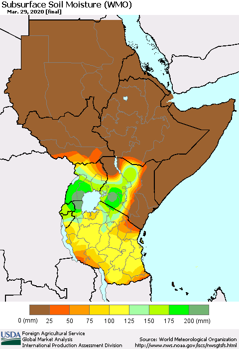 Eastern Africa Subsurface Soil Moisture (WMO) Thematic Map For 3/23/2020 - 3/29/2020