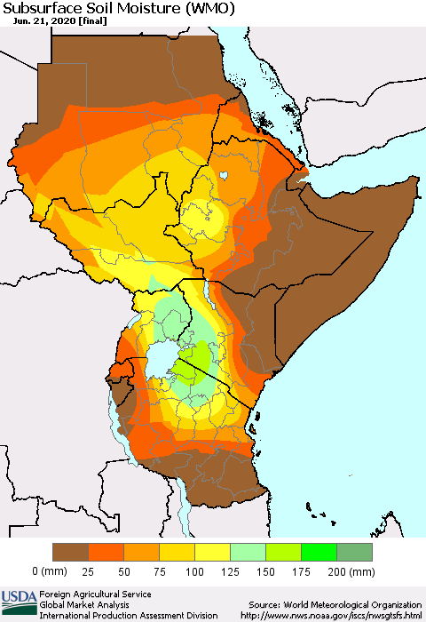 Eastern Africa Subsurface Soil Moisture (WMO) Thematic Map For 6/15/2020 - 6/21/2020