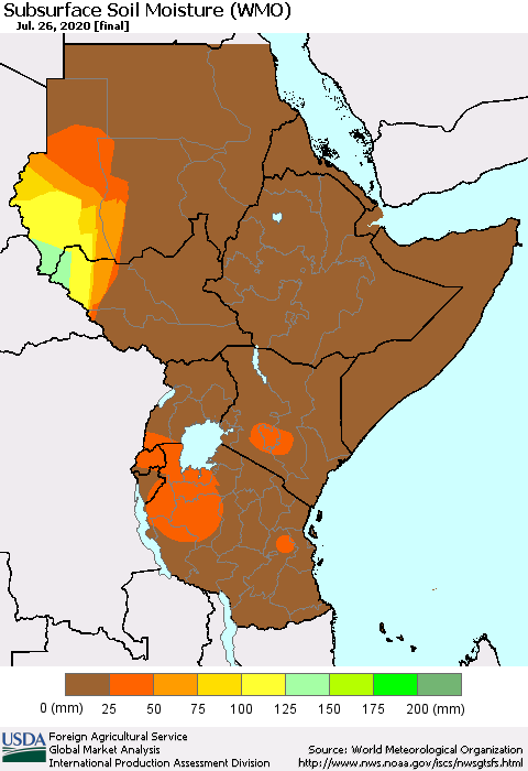 Eastern Africa Subsurface Soil Moisture (WMO) Thematic Map For 7/20/2020 - 7/26/2020