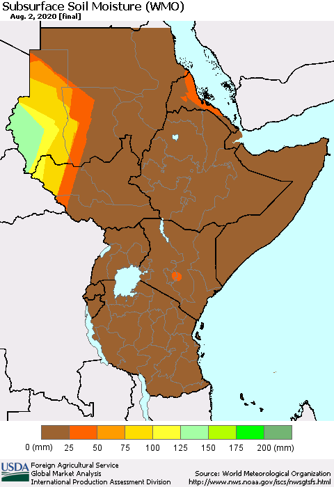 Eastern Africa Subsurface Soil Moisture (WMO) Thematic Map For 7/27/2020 - 8/2/2020