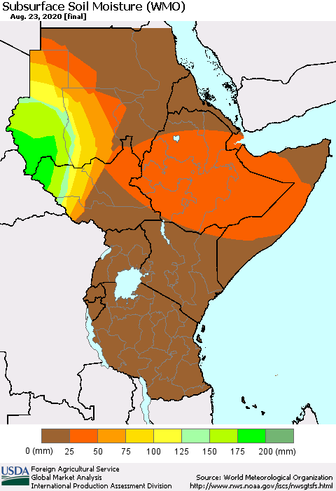 Eastern Africa Subsurface Soil Moisture (WMO) Thematic Map For 8/17/2020 - 8/23/2020