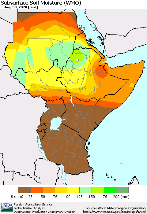 Eastern Africa Subsurface Soil Moisture (WMO) Thematic Map For 8/24/2020 - 8/30/2020