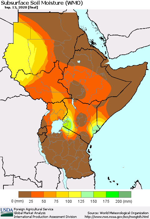 Eastern Africa Subsurface Soil Moisture (WMO) Thematic Map For 9/7/2020 - 9/13/2020
