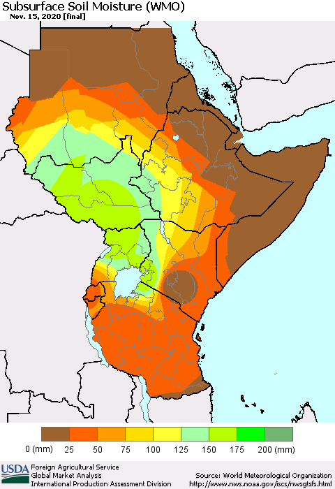 Eastern Africa Subsurface Soil Moisture (WMO) Thematic Map For 11/9/2020 - 11/15/2020