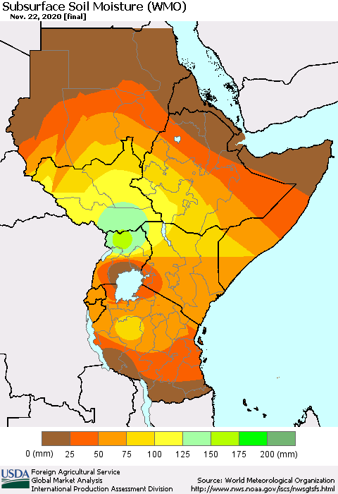 Eastern Africa Subsurface Soil Moisture (WMO) Thematic Map For 11/16/2020 - 11/22/2020