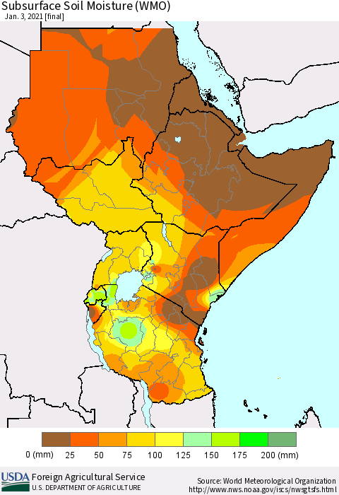 Eastern Africa Subsurface Soil Moisture (WMO) Thematic Map For 12/28/2020 - 1/3/2021
