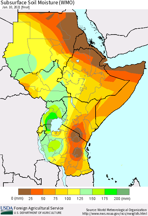 Eastern Africa Subsurface Soil Moisture (WMO) Thematic Map For 1/4/2021 - 1/10/2021