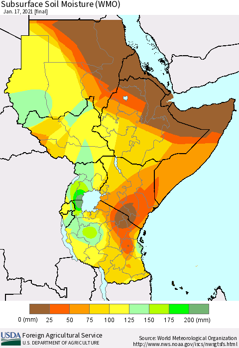 Eastern Africa Subsurface Soil Moisture (WMO) Thematic Map For 1/11/2021 - 1/17/2021