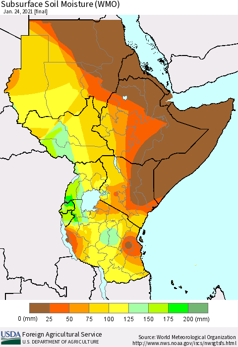 Eastern Africa Subsurface Soil Moisture (WMO) Thematic Map For 1/18/2021 - 1/24/2021