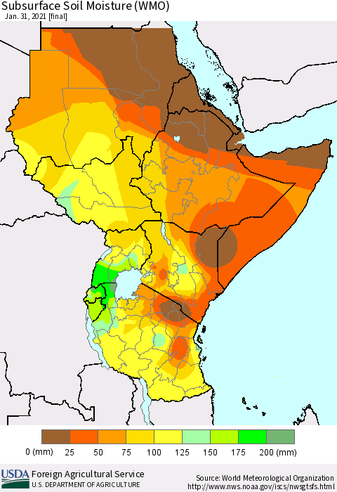 Eastern Africa Subsurface Soil Moisture (WMO) Thematic Map For 1/25/2021 - 1/31/2021