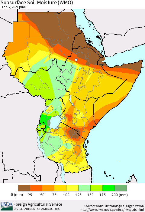 Eastern Africa Subsurface Soil Moisture (WMO) Thematic Map For 2/1/2021 - 2/7/2021