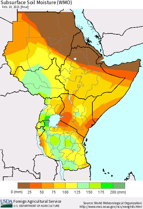 Eastern Africa Subsurface Soil Moisture (WMO) Thematic Map For 2/8/2021 - 2/14/2021