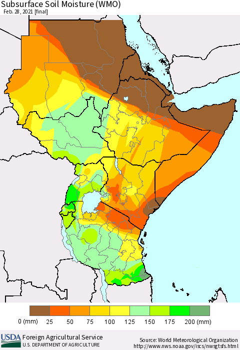Eastern Africa Subsurface Soil Moisture (WMO) Thematic Map For 2/22/2021 - 2/28/2021