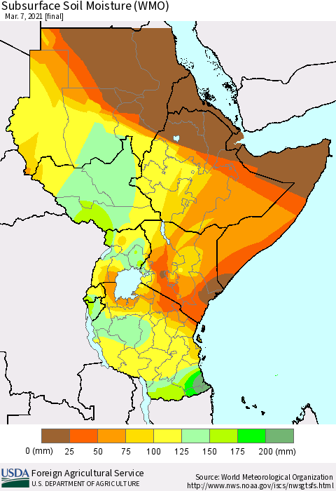 Eastern Africa Subsurface Soil Moisture (WMO) Thematic Map For 3/1/2021 - 3/7/2021