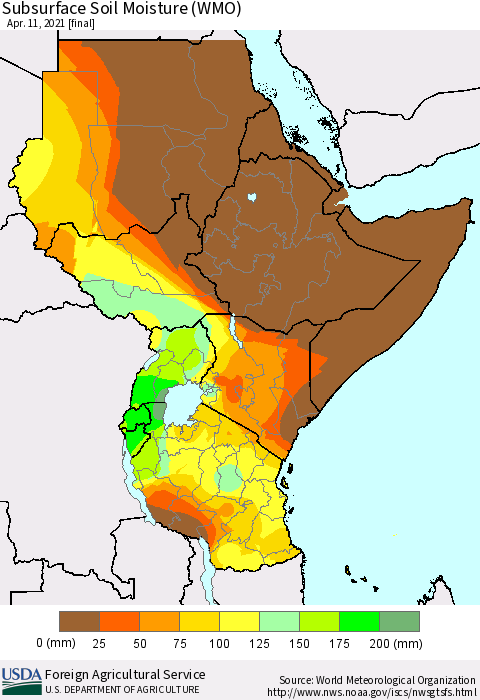 Eastern Africa Subsurface Soil Moisture (WMO) Thematic Map For 4/5/2021 - 4/11/2021