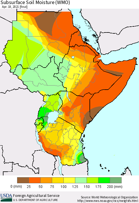 Eastern Africa Subsurface Soil Moisture (WMO) Thematic Map For 4/12/2021 - 4/18/2021