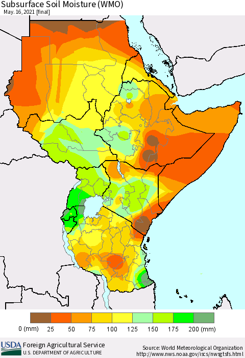 Eastern Africa Subsurface Soil Moisture (WMO) Thematic Map For 5/10/2021 - 5/16/2021