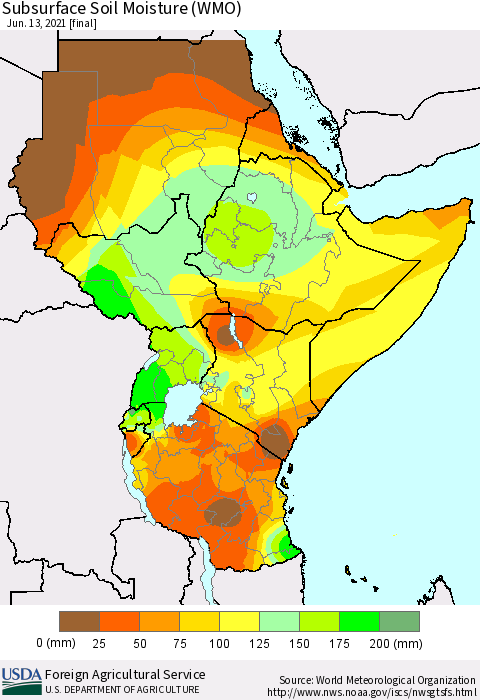 Eastern Africa Subsurface Soil Moisture (WMO) Thematic Map For 6/7/2021 - 6/13/2021