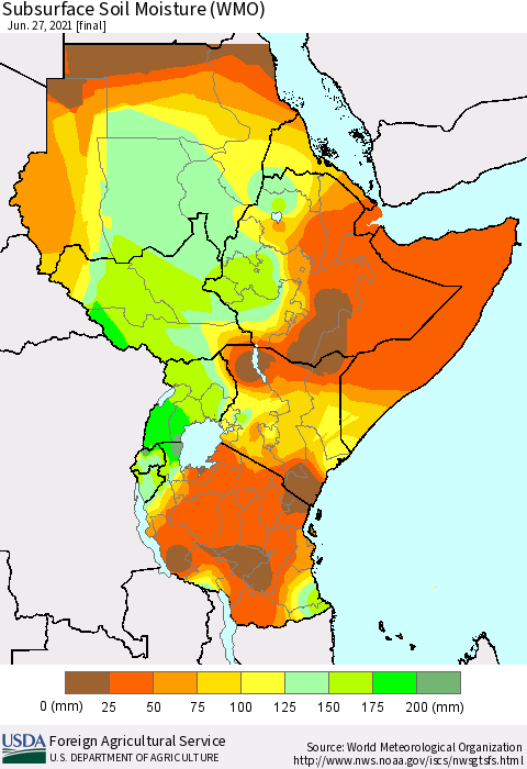 Eastern Africa Subsurface Soil Moisture (WMO) Thematic Map For 6/21/2021 - 6/27/2021
