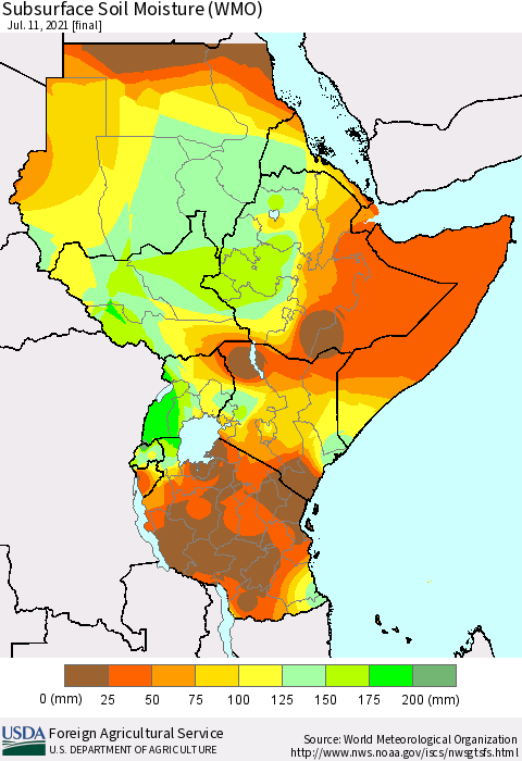 Eastern Africa Subsurface Soil Moisture (WMO) Thematic Map For 7/5/2021 - 7/11/2021