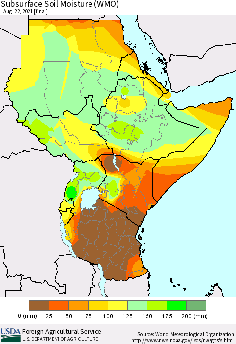 Eastern Africa Subsurface Soil Moisture (WMO) Thematic Map For 8/16/2021 - 8/22/2021