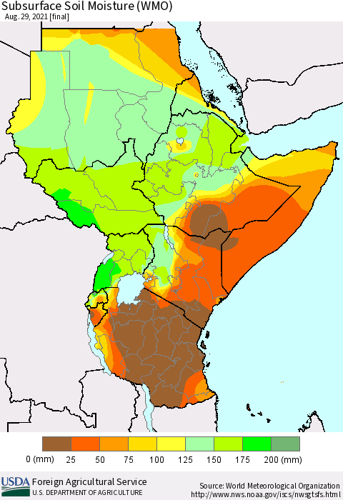 Eastern Africa Subsurface Soil Moisture (WMO) Thematic Map For 8/23/2021 - 8/29/2021