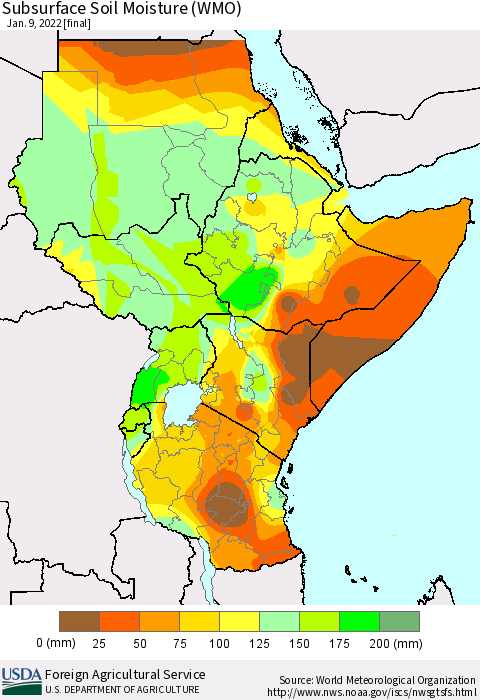 Eastern Africa Subsurface Soil Moisture (WMO) Thematic Map For 1/3/2022 - 1/9/2022