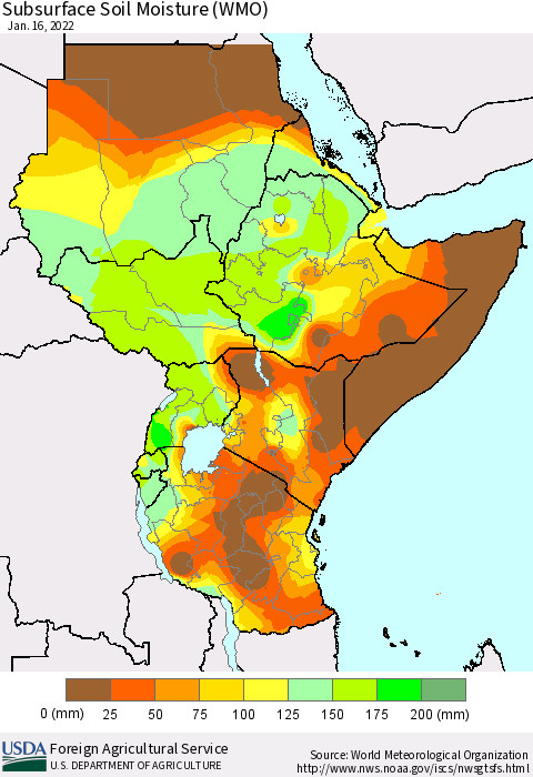 Eastern Africa Subsurface Soil Moisture (WMO) Thematic Map For 1/10/2022 - 1/16/2022