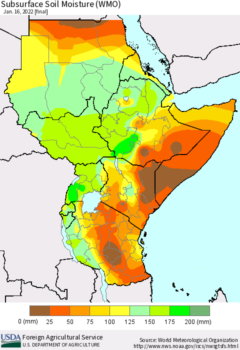 Eastern Africa Subsurface Soil Moisture (WMO) Thematic Map For 1/10/2022 - 1/16/2022