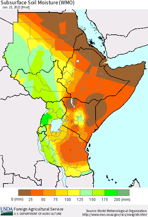 Eastern Africa Subsurface Soil Moisture (WMO) Thematic Map For 1/17/2022 - 1/23/2022