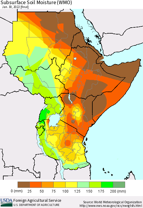 Eastern Africa Subsurface Soil Moisture (WMO) Thematic Map For 1/24/2022 - 1/30/2022