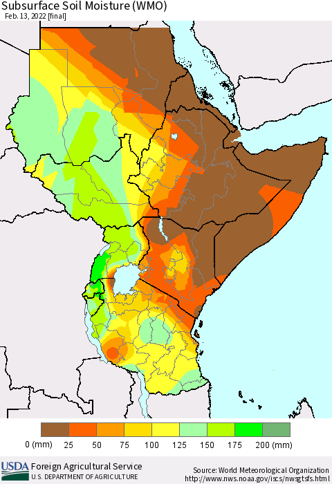 Eastern Africa Subsurface Soil Moisture (WMO) Thematic Map For 2/7/2022 - 2/13/2022