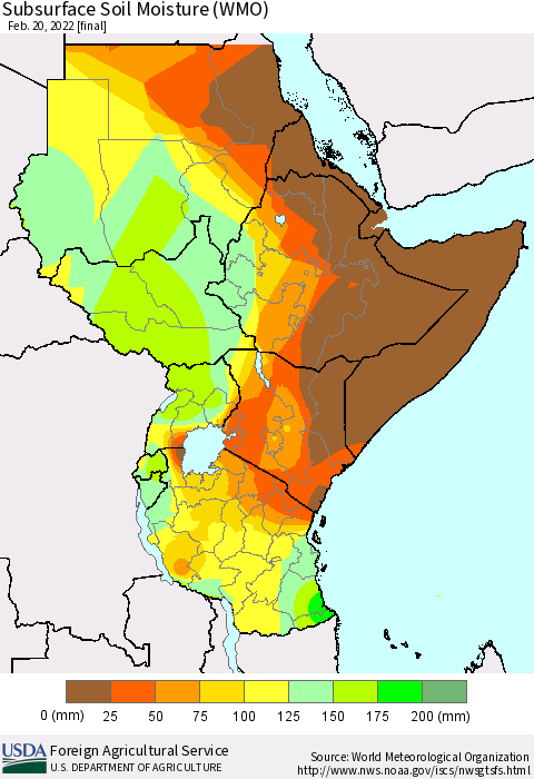 Eastern Africa Subsurface Soil Moisture (WMO) Thematic Map For 2/14/2022 - 2/20/2022