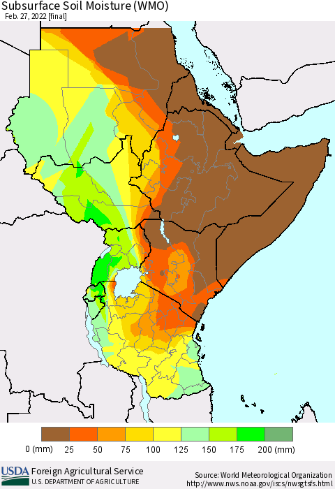 Eastern Africa Subsurface Soil Moisture (WMO) Thematic Map For 2/21/2022 - 2/27/2022