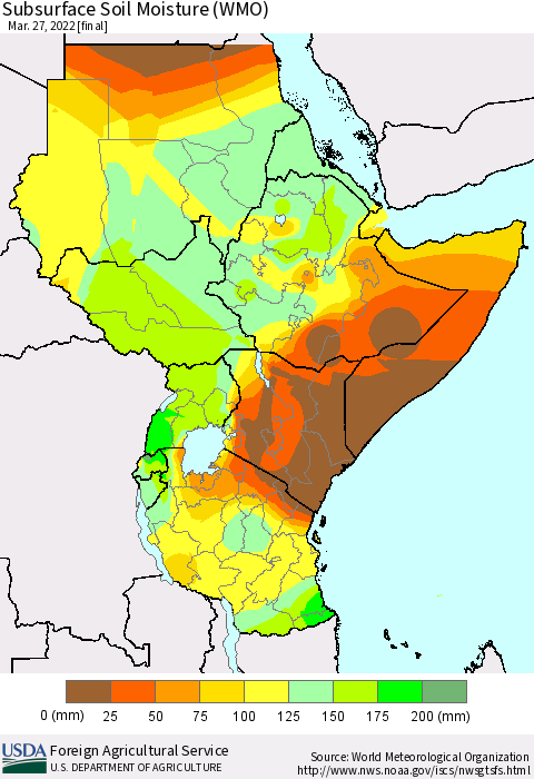 Eastern Africa Subsurface Soil Moisture (WMO) Thematic Map For 3/21/2022 - 3/27/2022