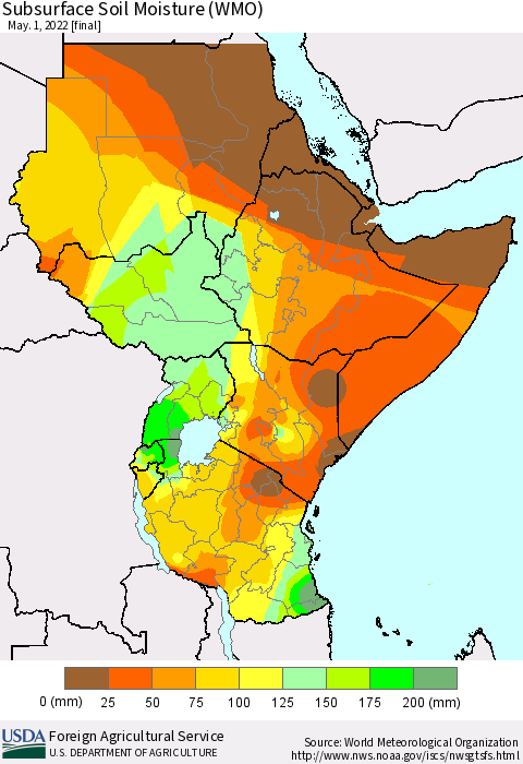 Eastern Africa Subsurface Soil Moisture (WMO) Thematic Map For 4/25/2022 - 5/1/2022