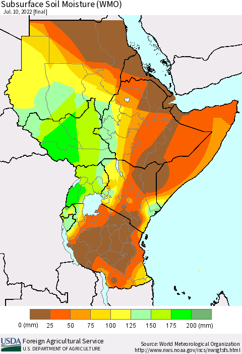 Eastern Africa Subsurface Soil Moisture (WMO) Thematic Map For 7/4/2022 - 7/10/2022