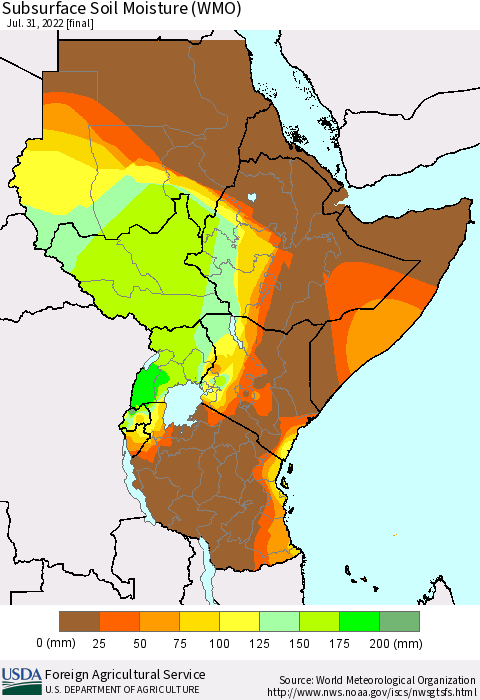 Eastern Africa Subsurface Soil Moisture (WMO) Thematic Map For 7/25/2022 - 7/31/2022