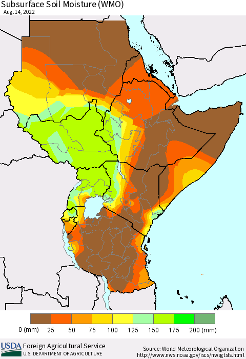 Eastern Africa Subsurface Soil Moisture (WMO) Thematic Map For 8/8/2022 - 8/14/2022